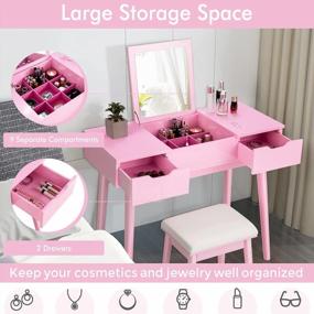img 1 attached to CHARMAID Vanity Set With Flip Top Mirror, 2 Drawers And 9 Storage Compartments, Removable Dividers, Cushioned Stool, Writing Desk Makeup Dressing Table For Kids Girls Women, Easy Assembly (Pink)