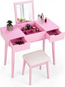 img 4 attached to CHARMAID Vanity Set With Flip Top Mirror, 2 Drawers And 9 Storage Compartments, Removable Dividers, Cushioned Stool, Writing Desk Makeup Dressing Table For Kids Girls Women, Easy Assembly (Pink)