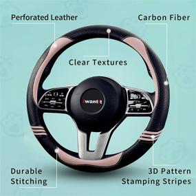 img 2 attached to 🎀 Romantic Pink Carbon Fiber and Perforated Leather Steering Wheel Cover for Women and Men - Universal Fit 14.5-15 inches for Cars and SUVs with Anti-Slip Rubber Ring