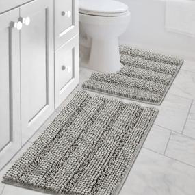 img 4 attached to Ultra-Thick Non-Slip Bathroom Rug Set With Water Absorbent Stripes - 2 Piece Contour Rug And Toilet Mat Set - Dove