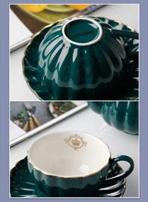 img 1 attached to Amazingware Porcelain Tea Set - Tea Cup And Saucer Set Service For 6, With 28 Ounces Teapot Sugar Bowl Cream Pitcher Teaspoons And Tea Strainer - For Thanksgiving - Pumpkin Fluted Shape, Dark Green