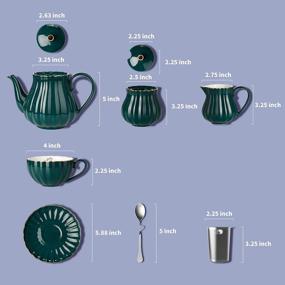img 3 attached to Amazingware Porcelain Tea Set - Tea Cup And Saucer Set Service For 6, With 28 Ounces Teapot Sugar Bowl Cream Pitcher Teaspoons And Tea Strainer - For Thanksgiving - Pumpkin Fluted Shape, Dark Green