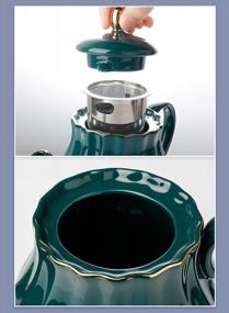 img 2 attached to Amazingware Porcelain Tea Set - Tea Cup And Saucer Set Service For 6, With 28 Ounces Teapot Sugar Bowl Cream Pitcher Teaspoons And Tea Strainer - For Thanksgiving - Pumpkin Fluted Shape, Dark Green