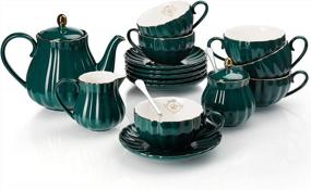 img 4 attached to Amazingware Porcelain Tea Set - Tea Cup And Saucer Set Service For 6, With 28 Ounces Teapot Sugar Bowl Cream Pitcher Teaspoons And Tea Strainer - For Thanksgiving - Pumpkin Fluted Shape, Dark Green