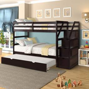 img 4 attached to Twin-Over-Twin Bunk Bed W/ Trundle, 3 Storage Staircase & Reversible Design - Merax Espresso