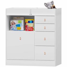 img 4 attached to Modern Nursery Dresser With Drawers, Storage Shelves, Waterproof Diaper Changing Pad, Safety Belt, And Hidden Trash Storage - Timechee Baby Changing Table Dresser For Nursery Room In White