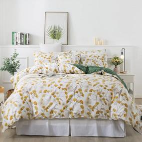 img 4 attached to FADFAY Yellow Queen Duvet Cover Set 100% Egyptian Cotton Green White Reversible Floral Bedding Leaf Pattern Super Soft Comforter Cover Dandelion Printed Nature Farmhouse Zipper Bedding 3Pcs