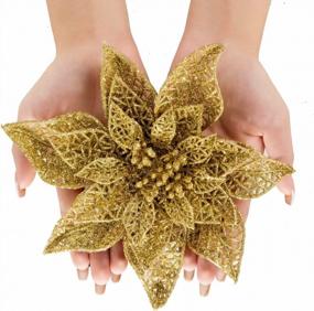 img 1 attached to Пакет из 10 искусственных цветов пуансеттии, 20 см в длину, блестящее золото, идеально подходит для елочных украшений, кустов пуансеттии и рождественских украшений