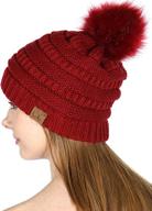 women's cc beanie hat w/ fur pom pom: soft & warm cable winter hats for women logo