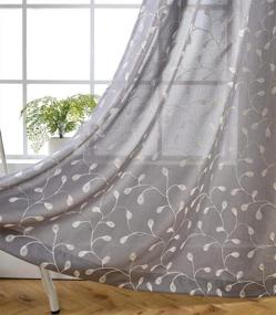 img 4 attached to Semi Sheer Curtains Linen Look Floral Embroidered Grommet 52X84 Inch Set Of 2 Grey MIUCO Living Room