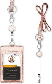 img 4 attached to Rose Gold Leather ID Holder With Retractable Lanyard For Work And School ID Cards - Teskyer Badge Holder Featuring Front Window And Back Card Slot