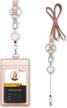 rose gold leather id holder with retractable lanyard for work and school id cards - teskyer badge holder featuring front window and back card slot logo