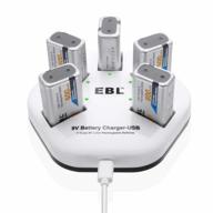 5-pack ebl 9v rechargeable lithium ion batteries with 600mah capacity and 5-bay charger for smoke alarm detectors - 2a input logo