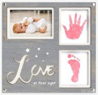 🎁 1dino premium baby handprint and footprint kit - 12.6” x 12.2" white/grey wood baby picture frame - includes 2x clean touch ink pad in pink for baby hand and footprints - perfect for baby registry and baby shower gifts logo