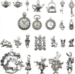 img 4 attached to 40 PCS Alice In Wonderland Fairy Charms Collection - Antique Alice Rabbit Steampunk Skeleton Keys Pendants Jewelry Findings (Silver HK6)