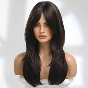 img 2 attached to Получите потрясающий вид с 22-дюймовым коричневым париком с челкой и слоистыми синтетическими волосами для женщин