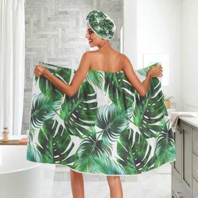 img 4 attached to Tropical Palm Leaves Bath Wrap Spa Towel With Hair Towel Headband Jungle Floral Green Women Shower Robes Bathroom Towels With Adjustable Closure