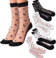 women's floral printed mesh sheer lace long sock black see through casual summer daily socks (4 pack) logo