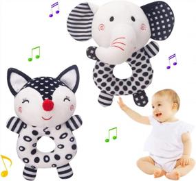 img 4 attached to High Contrast Plush Baby Rattles With Elephant And Fox Designs For Developmental Stimulation