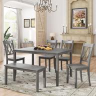 merax 6-piece dining set with table, bench and 4 cross back chairs - antique grey kitchen table set for dining room logo