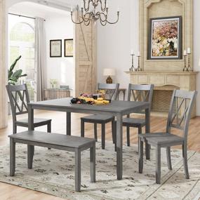 img 2 attached to Обеденный набор Merax из 6 предметов со столом, скамьей и 4 стульями с перекрестными спинками - Античный серый кухонный стол для столовой