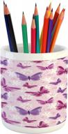 ambesonne butterfly pencil pen holder, various flying butterflies colors hippie style print design, ceramic pencil holder for desk office accessory, 3.6" x 3.2", pink purple logo