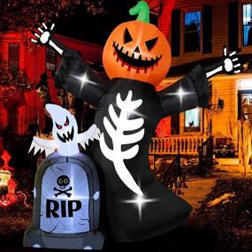 img 1 attached to 8FT Halloween Inflatables Outdoor Decorations With 7 LED Lights - Pumpkin Ghost And Tombstone Lighted Holiday Blow Up Yard Decor For Indoor/Outdoor Party, Lawn & Garden Photo Prop