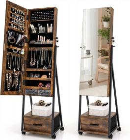 img 4 attached to Lockable Standing Jewelry Armoire With Full Length Mirror, Steel Legs And Wheels, Lipstick Brush Storage And Drawers - Rustic Brown Rolling Cabinet For Organizing Jewelry