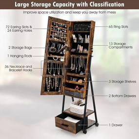 img 2 attached to Lockable Standing Jewelry Armoire With Full Length Mirror, Steel Legs And Wheels, Lipstick Brush Storage And Drawers - Rustic Brown Rolling Cabinet For Organizing Jewelry