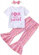 donut sweet one birthday outfit set for infant baby girls: romper tops, shorts, flared pants, and headband logo