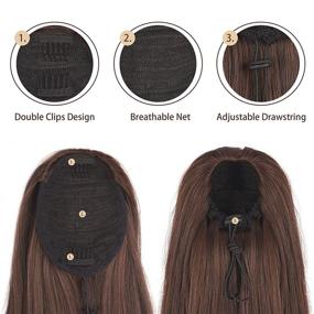 img 2 attached to BARSDAR Drawstring Ponytail Extensions, 12 Inch Synthetic Straight Ponytail Hairpiece In Darkest Brown For Women And Girls, Fluffy Yaki Clip-In Hair Extensions