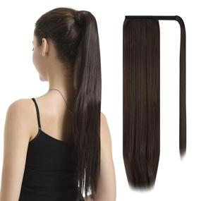 img 4 attached to BARSDAR 28 Inch Ponytail Extension Long Straight Wrap Around Clip In Synthetic Fiber Hair For Women - Dark Brown