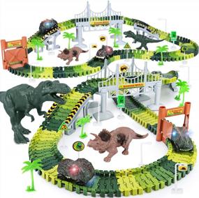 img 4 attached to Flexible Dinosaur Track Playset With 2 Cars - Create A World Road Race For 3-6 Year Old Boys & Girls Best Gift