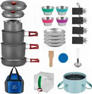 lightweight camping cookware mess kit for family hiking and picnic - includes kettle, pot, frying pan, cups, plates, forks, knives, spoons, carabiner - available in 37, 27, or 20 piece set logo
