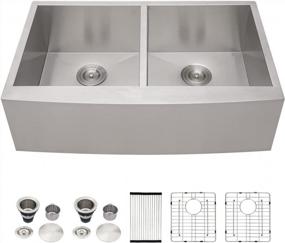 img 4 attached to Kichae 33 Inch Farmhouse Kitchen Sink Apron Front 18 Gauge Stainless Steel Double Bowl 50/50 Modern Handmade Sink With Accessories Bottom Grid, Roll Up Dish Drying Rack For Hotel Use