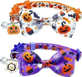 img 4 attached to 🐱 SEO-Optimized 2-Pack Halloween Cat Collar with Bow Tie and Bell in Purple and White - Ideal Kitty Kitten Breakaway Pumpkin Collar for Girls and Boys