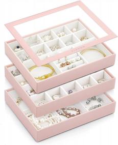 img 4 attached to Vlando Stackable Jewelry Tray, Medium PU Leather High-Capacity Jewelry Organizer, Drawer Dresser Storage Display Tray Box Case Holder For Earrings Ring Necklace Gifts (4 In 1 Set, Pink)