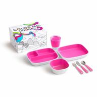 pink munchkin color me hungry 7-piece feeding set for toddlers: plates, bowl, open cup, and utensils in a gift box logo