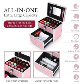 img 3 attached to Pink FRENESSA Makeup Train Case: Nail Polish Storage Organizer Box W/ Mirror, Drawers & Dividers For Manicure Travel Kit