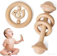🐦 montessori bird shape grasping toddler toys - 2pc set wooden rattles with beech wood ring logo
