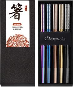 img 4 attached to Rainbow Metal Chopsticks - 5 Pairs 18/8 Stainless Steel Reusable Korean Japanese Chinese Laser Engraved Dishwasher Safe 9.25 Inches (Multicolor Coin)