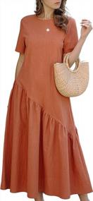 img 4 attached to Minipeach Women'S Summer Round Neck Sun Dresses Bohemian Plain Solid Ruffle Hem Maxi Dress