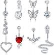 women's stainless steel belly button rings set of 7 - 14g dangle navel rings with snake, butterfly, devil, heart and clear cz - body piercing jewelry logo