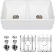 33 white farm sink double bowl - kichae 33 inch farmhouse sink reversible front fireclay ceramic porcelain white double basin 50/50 kitchen sink with accessories logo