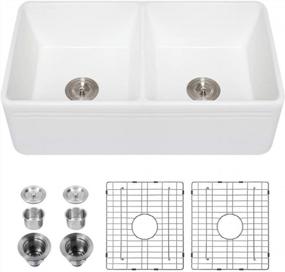 img 4 attached to 33 White Farm Sink Double Bowl - Kichae 33 Inch Farmhouse Sink Reversible Front Fireclay Ceramic Porcelain White Double Basin 50/50 Kitchen Sink With Accessories