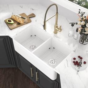 img 3 attached to 33 White Farm Sink Double Bowl - Kichae 33 Inch Farmhouse Sink Reversible Front Fireclay Ceramic Porcelain White Double Basin 50/50 Kitchen Sink With Accessories