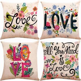 img 4 attached to ZUEXT Spring Floral Love Throw Pillow Covers 18X18 Inch, Set Of 4 Square Cotton Linen Outdoor Cushion Pillowcases For Sofa Couch Home Decor Valentines Mother'S Birthday Day Housewarming Gift