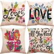 zuext spring floral love throw pillow covers 18x18 inch, set of 4 square cotton linen outdoor cushion pillowcases for sofa couch home decor valentines mother's birthday day housewarming gift logo