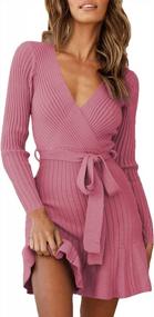 img 4 attached to Шикарное и уютное: женское платье-свитер с v-образным вырезом и запахом, рюшами и поясом