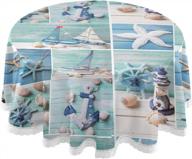 ocean themed party table decor: lighthouse sailboats collage on wooden background style polyester white lace tablecloth - 60 inch round table cloth for dinner decoration logo
